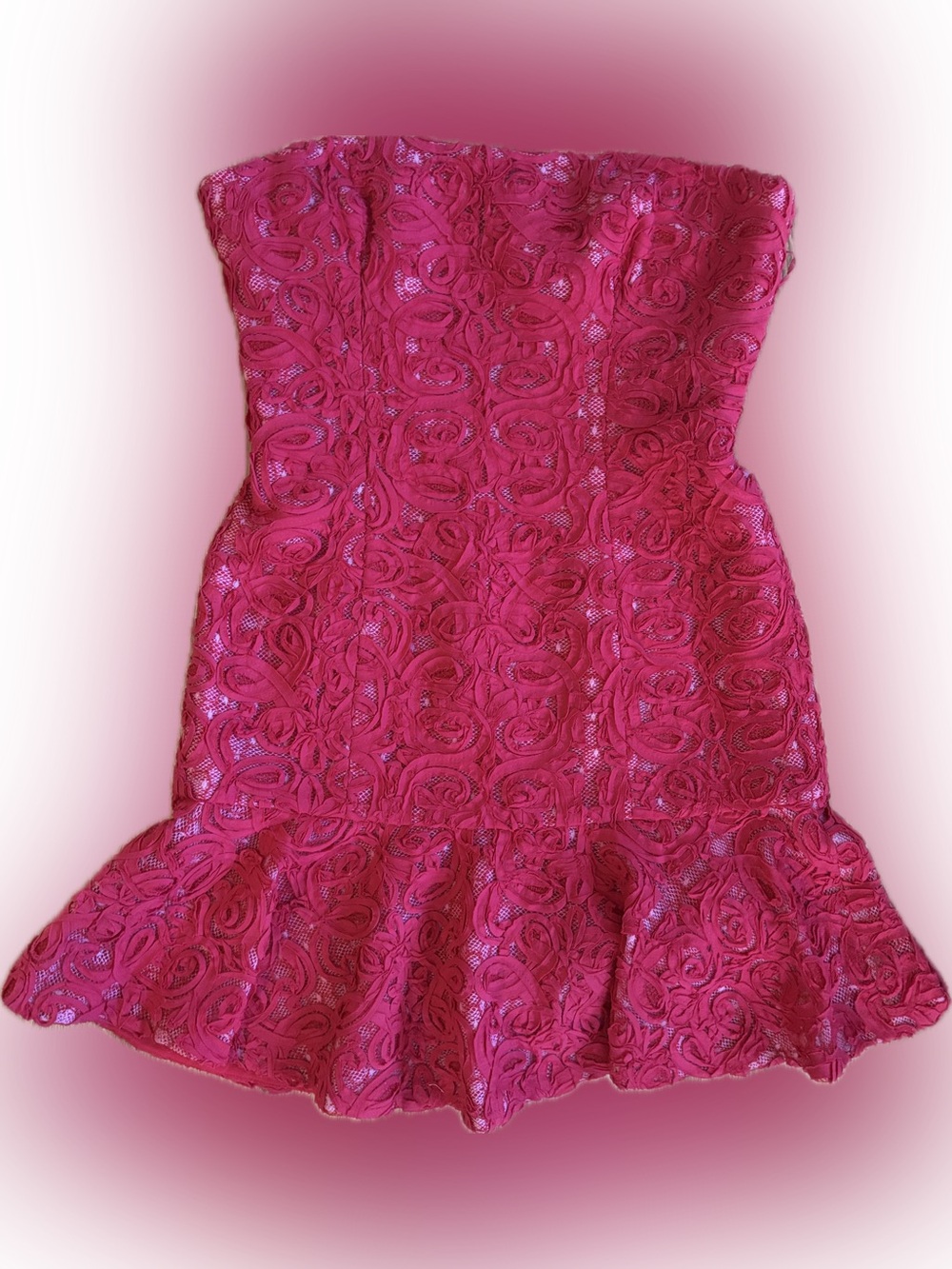 BCBGMaxAzria Strapless Pink Lace Peplum Dress